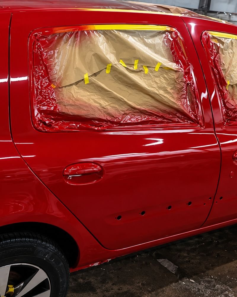 Renault Clio vermelho recém-pintado na cabine